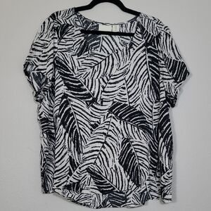Cynthia Rowley Womens 100% Linen Boxy Top Size 1X White Black Leaf Print Coastal